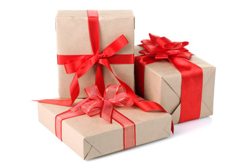 a bunch of beautiful and great gifts tied in a bow isolated on white background