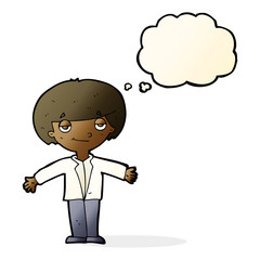 cartoon smug boy with thought bubble
