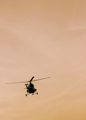 The patrol helicopter flying in the sky