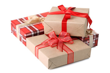 a bunch of beautiful and great gifts tied in a bow isolated on white background