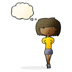 cartoon shy woman with thought bubble