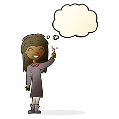 cartoon friendly witch girl with thought bubble