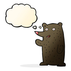 cartoon waving black bear with thought bubble