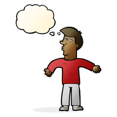 cartoon man shrugging shoulders with thought bubble