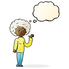 cartoon annoyed old woman waving with thought bubble