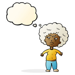 cartoon annoyed old woman with thought bubble