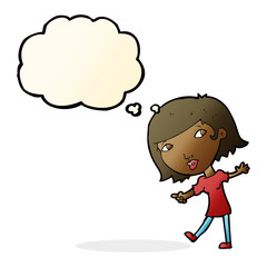 cartoon happy girl gesturing to follow with thought bubble