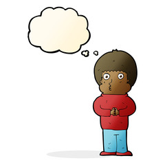 cartoon shy boy with thought bubble