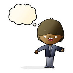 cartoon happy boy with open arms with thought bubble