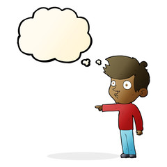cartoon pointing boy with thought bubble