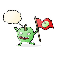 cartoon apple with flag with thought bubble