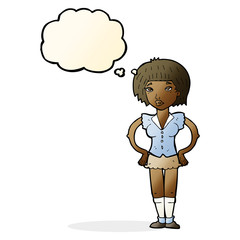 cartoon woman with hands on hips with thought bubble