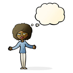 cartoon woman wearing spectacles with thought bubble