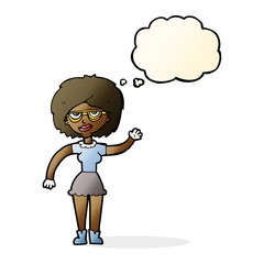 cartoon waving woman wearing spectacles with thought bubble