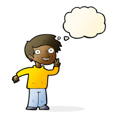 cartoon boy posing for photo with thought bubble