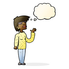 cartoon woman wearing spectacles with thought bubble