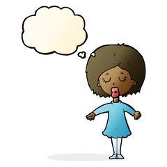 cartoon woman in dress with thought bubble