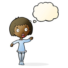 cartoon waving woman with thought bubble
