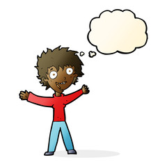 cartoon excited woman with thought bubble