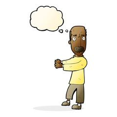 cartoon balding man explaining with thought bubble