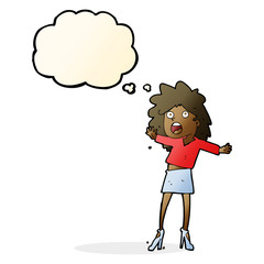cartoon woman having trouble walking in heels with thought bubbl