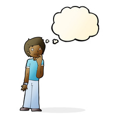 cartoon boy wondering with thought bubble