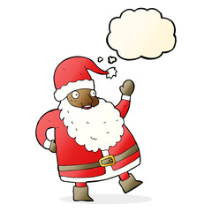 funny waving santa claus cartoon with thought bubble