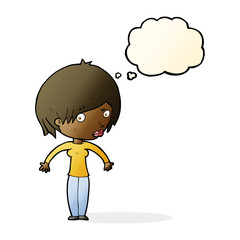 cartoon woman shrugging with thought bubble