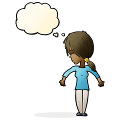 cartoon woman shrugging shoulders with thought bubble