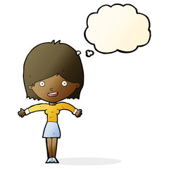 cartoon excited woman with thought bubble