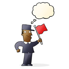 cartoon man waving flag with thought bubble