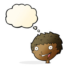 cartoon laughing boy with thought bubble