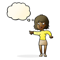 cartoon woman pointing with thought bubble