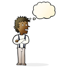 cartoon boy with folded arms with thought bubble