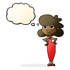 cartoon girl with hands on hips with thought bubble