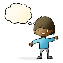 cartoon waving boy with thought bubble