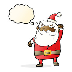 cartoon santa claus punching air with thought bubble