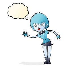 cartoon vampire girl welcoming with thought bubble