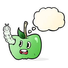 cartoon apple with bug with thought bubble