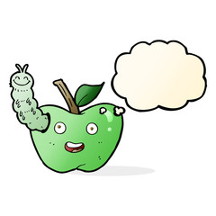 cartoon apple with bug with thought bubble