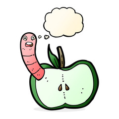 cartoon apple with worm with thought bubble