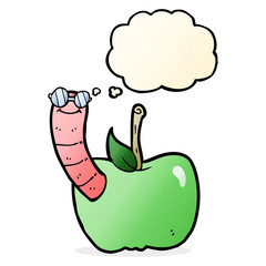 cartoon apple with worm with thought bubble