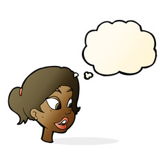 cartoon friendly woman with thought bubble