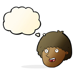 cartoon happy male face with thought bubble