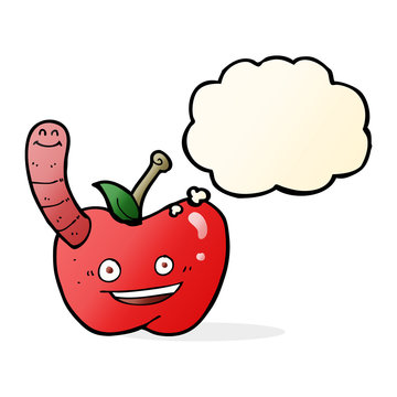 cartoon apple with worm with thought bubble