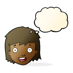cartoon happy female face with thought bubble
