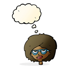 cartoon woman wearing spectacles with thought bubble