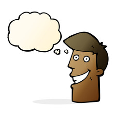 cartoon grinning man with thought bubble