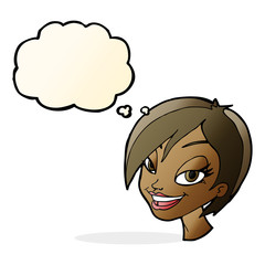 cartoon pretty female face with thought bubble