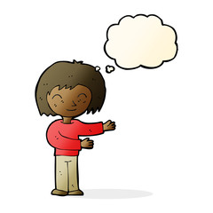 cartoon woman gesturing welcome with thought bubble